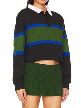Cropped Black Rugby Sweater with Green & Blue Stripes